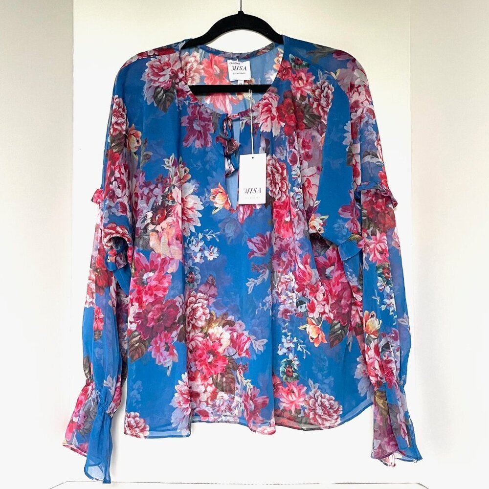 MISA Capriana Top Womens XL Blue Floral V-Neck Long Sleeve Blouse
